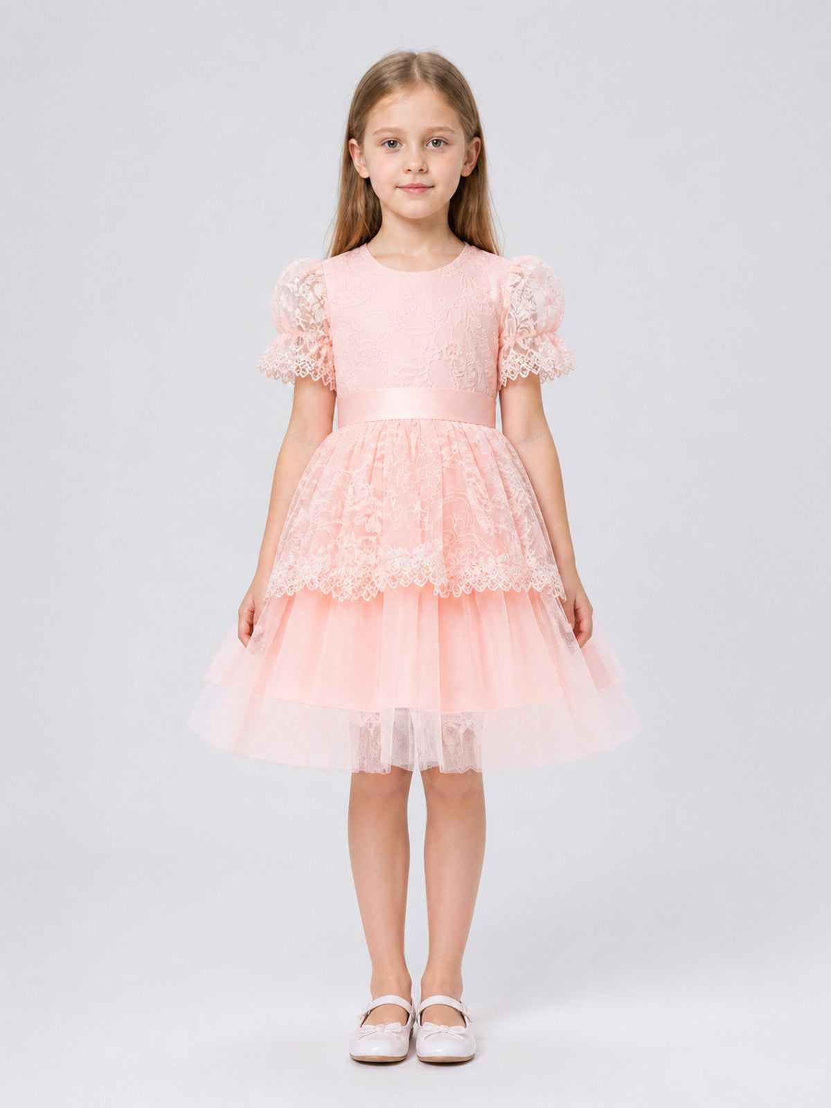 Pink Princess Dress for Girls with Embroidery and Lace on-model view