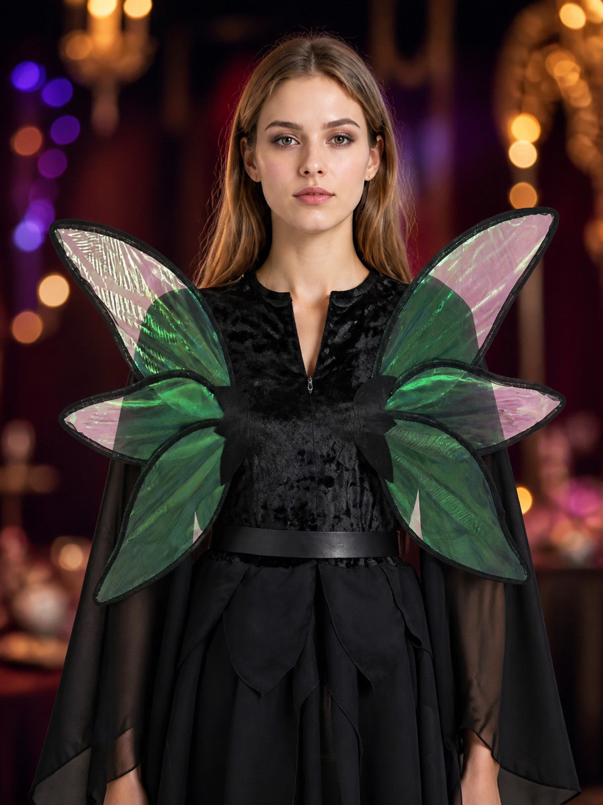 Women's Medieval Elf Dress with Green Wings and Elf Ears, Halloween Fantasy on-model view