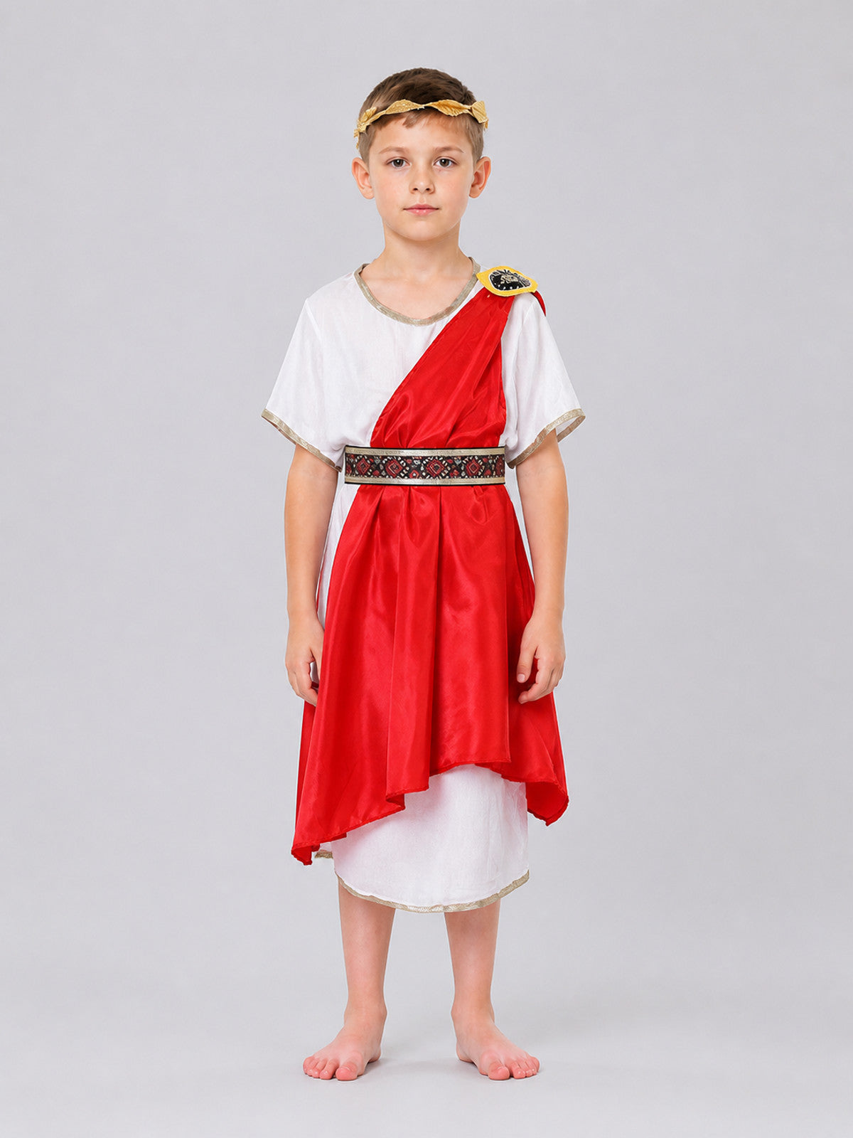 Ancient Rome–Style Costume with Tunic and Red Cape on-model view