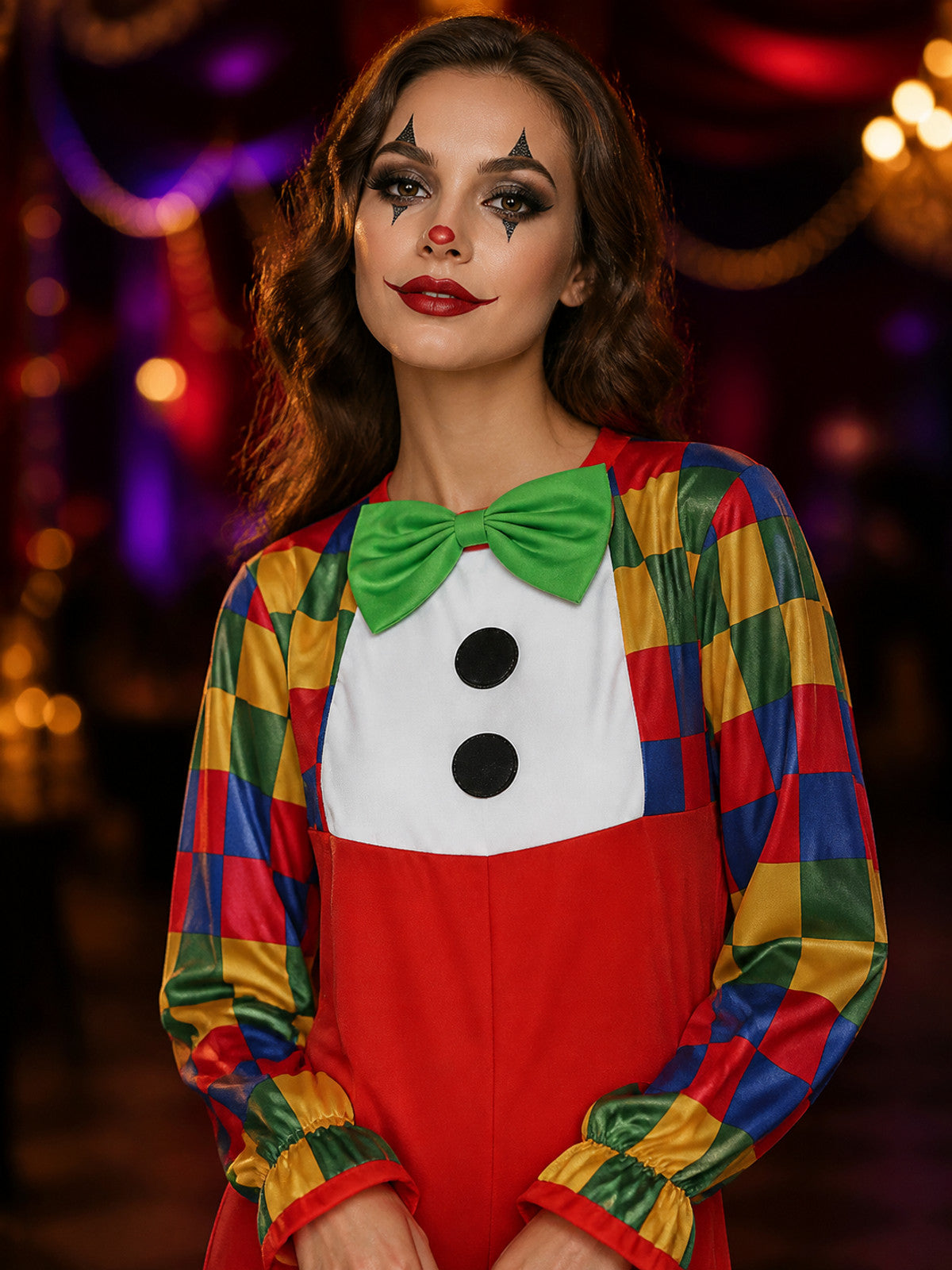 Kids Clown Costume Jumpsuit with Colorful Checkered Sleeves and Bow Tie on-model view