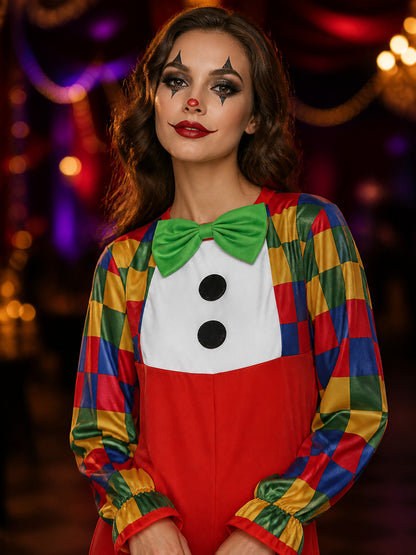 Kids Clown Costume Jumpsuit with Colorful Checkered Sleeves and Bow Tie on-model view
