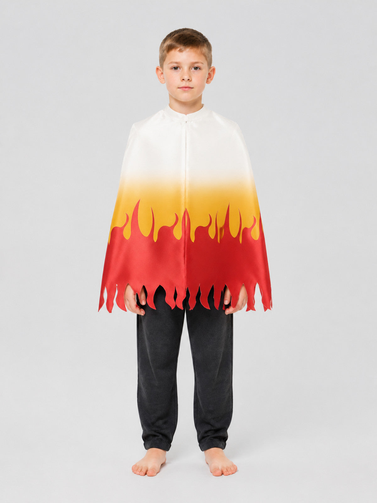 Cosplay Cloak with Flame Print, White, Red, and Yellow on-model view
