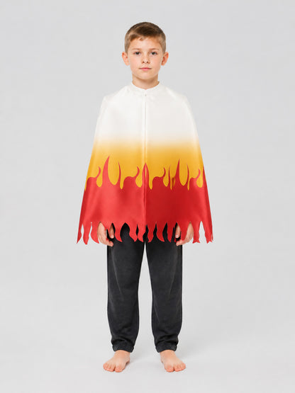 Cosplay Cloak with Flame Print, White, Red, and Yellow on-model view