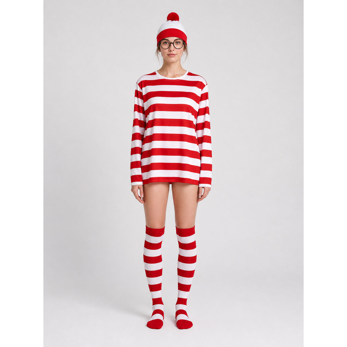 Wally Striped Costume with Hat and Glasses on-model view