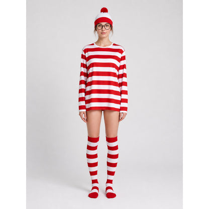 Wally Striped Costume with Hat and Glasses on-model view