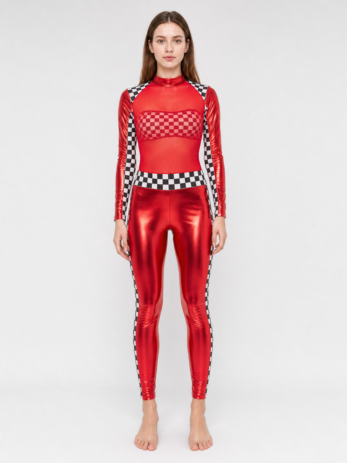 Red Stage Costume with Black-and-White Checkered Pattern on-model view