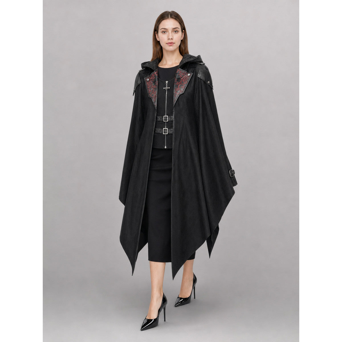 Black Gothic Carnival Cloak with Hood front view