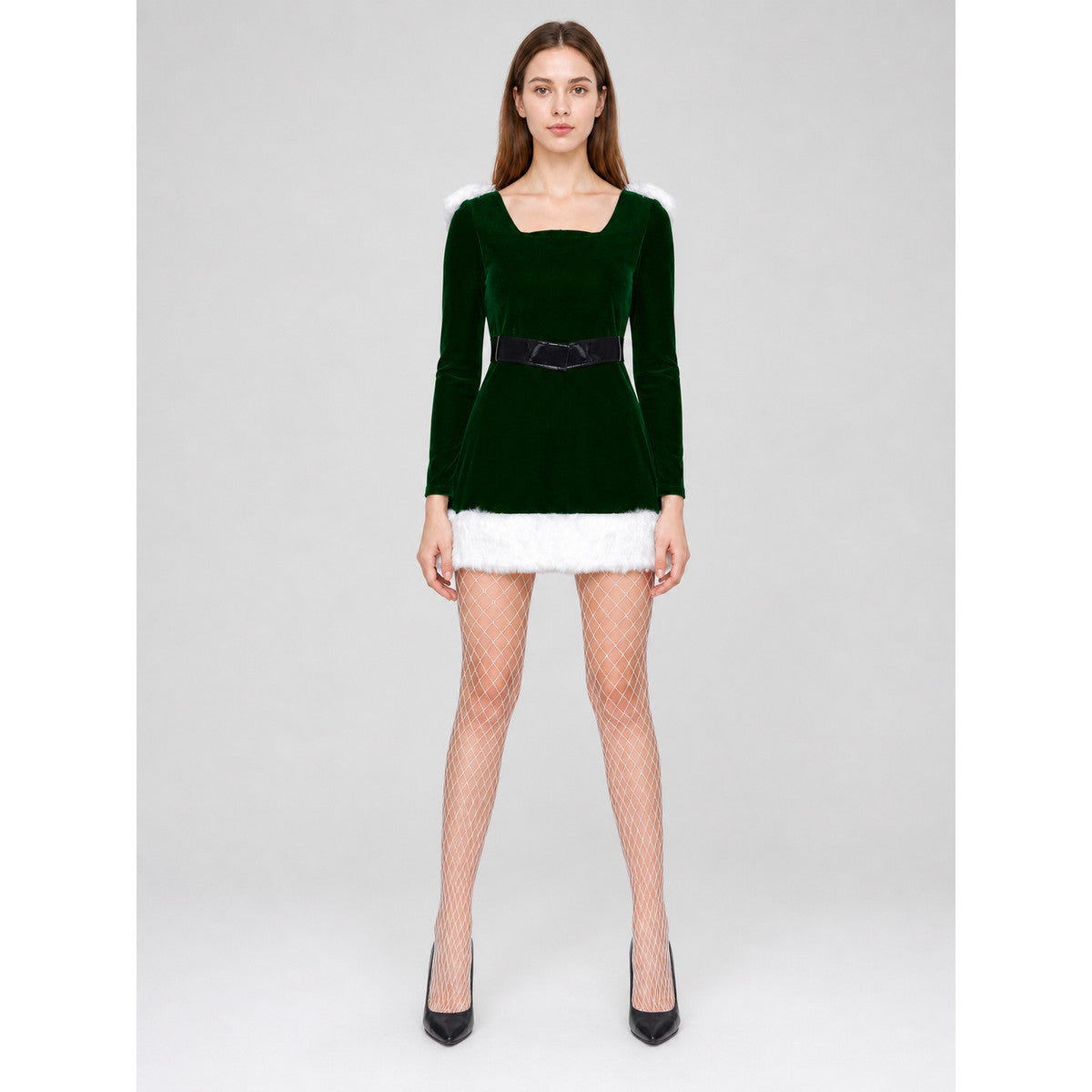 Christmas cosplay dress, green, with trim on-model view