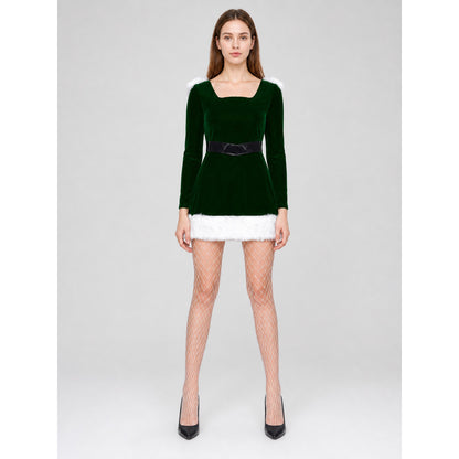 Christmas cosplay dress, green, with trim on-model view