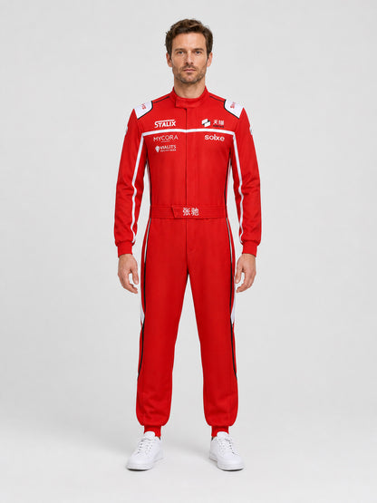 Red and White Racing Suit with Zipper and Collar on-model view