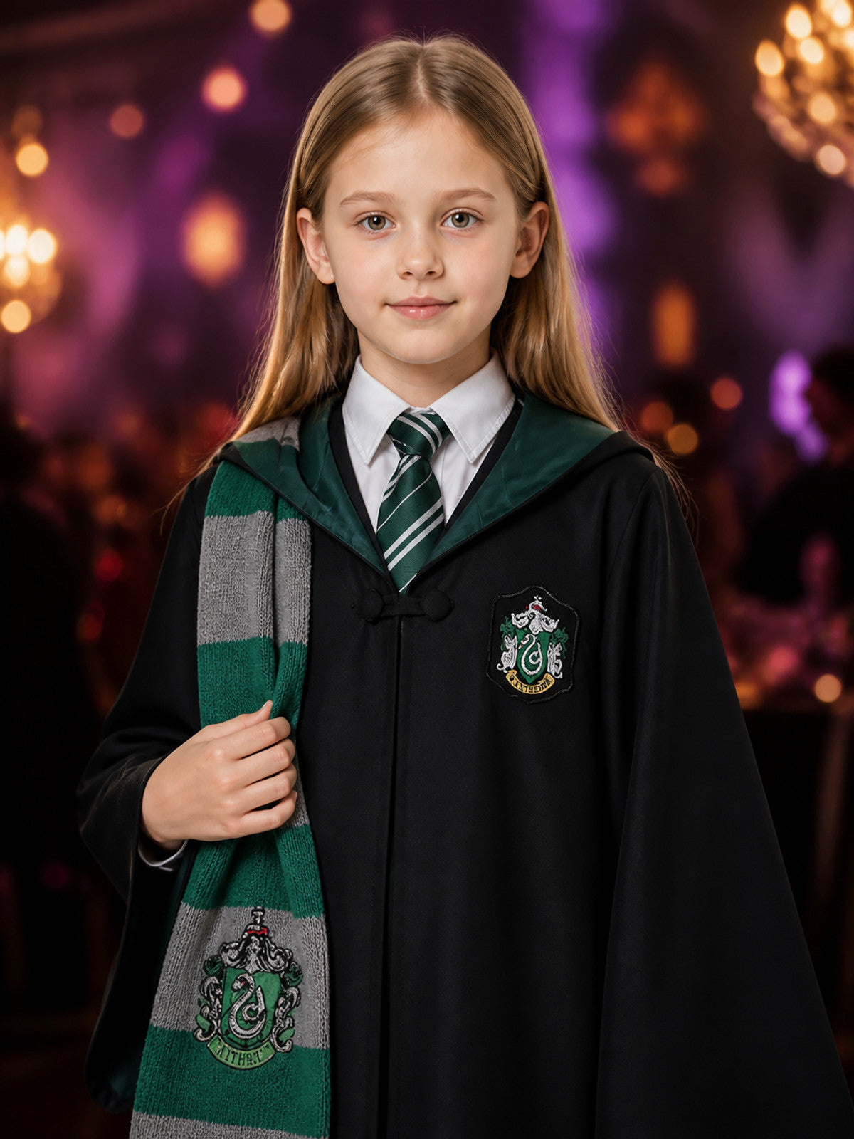 Slytherin Hooded Wizard Robe Costume Set with Tie and Scarf for Halloween on-model view