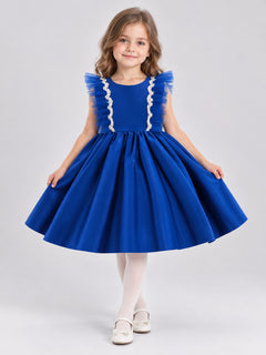 Bright Blue Children's Formal Dress with Bow and Lace
