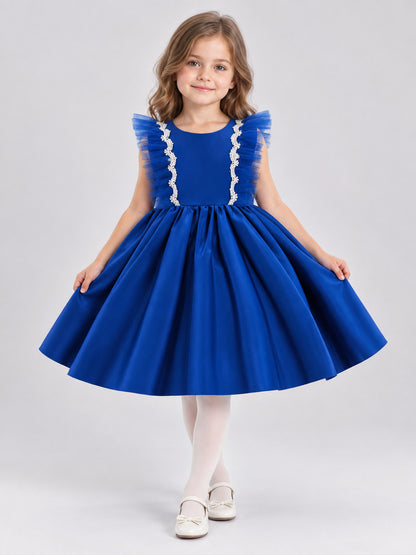 Bright Blue Children's Formal Dress with Bow and Lace