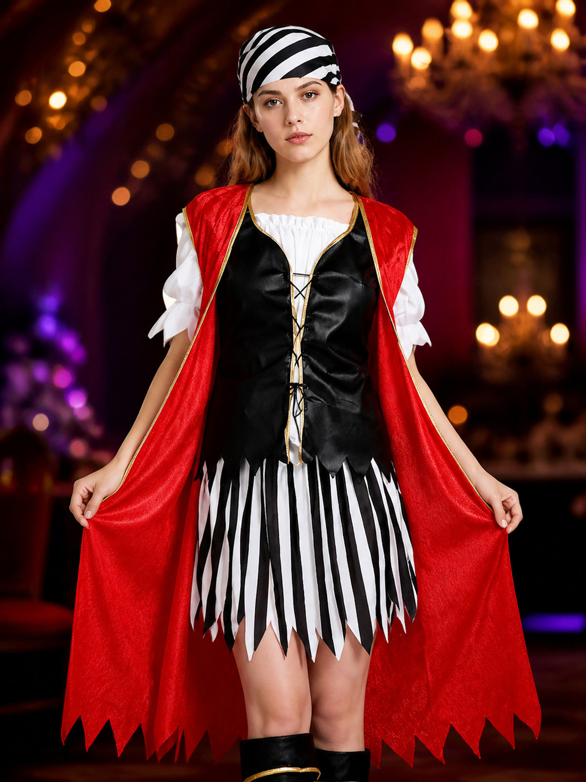 Pirate cosplay costume with a red cape for Halloween on-model view