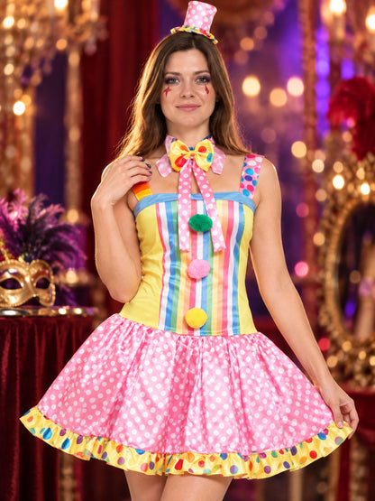 Clown costume with a multicolored dress, bow, and pom-poms
