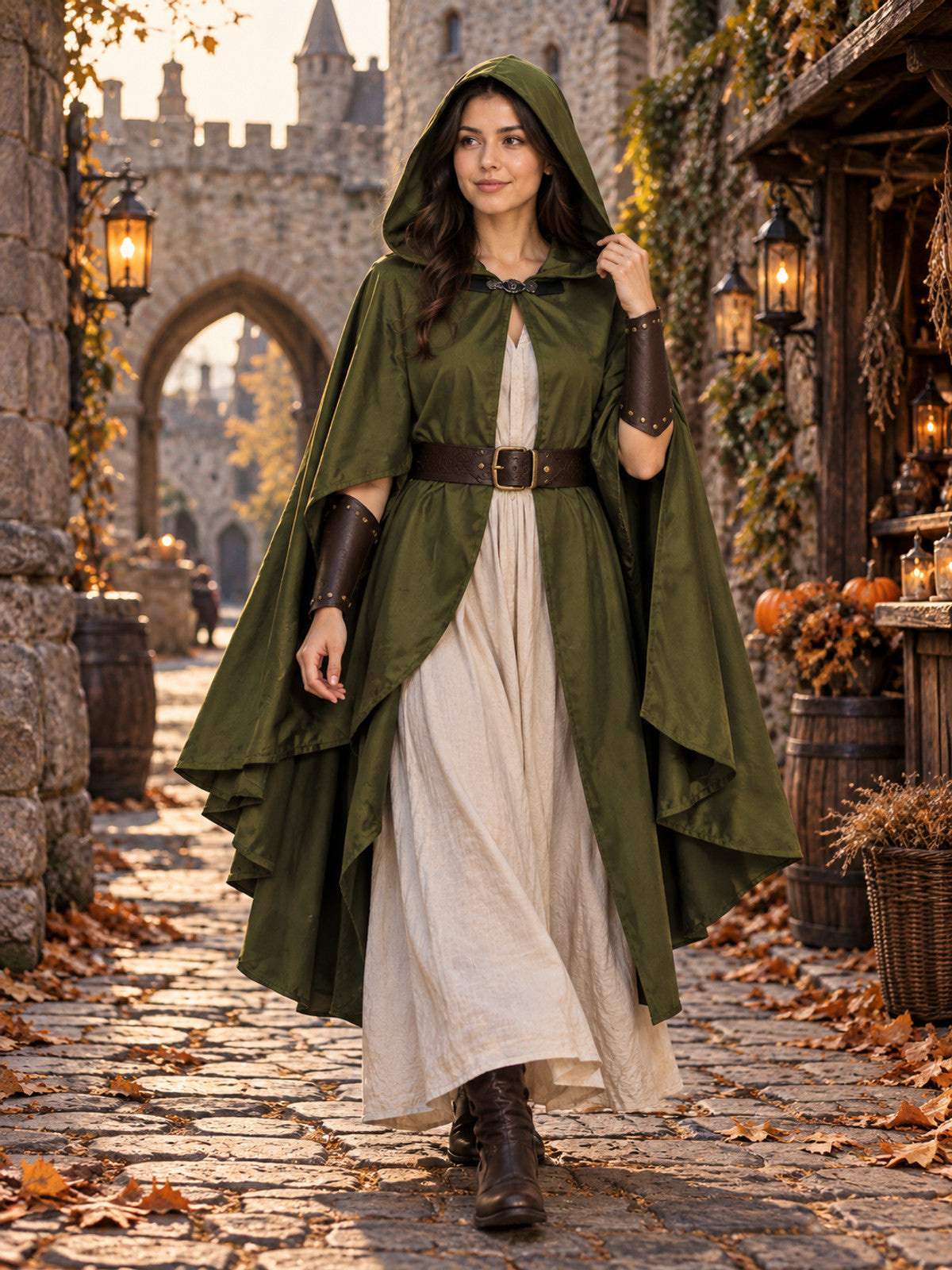 Olive green cloak costume with hood, open front, long panels, belt with buckle