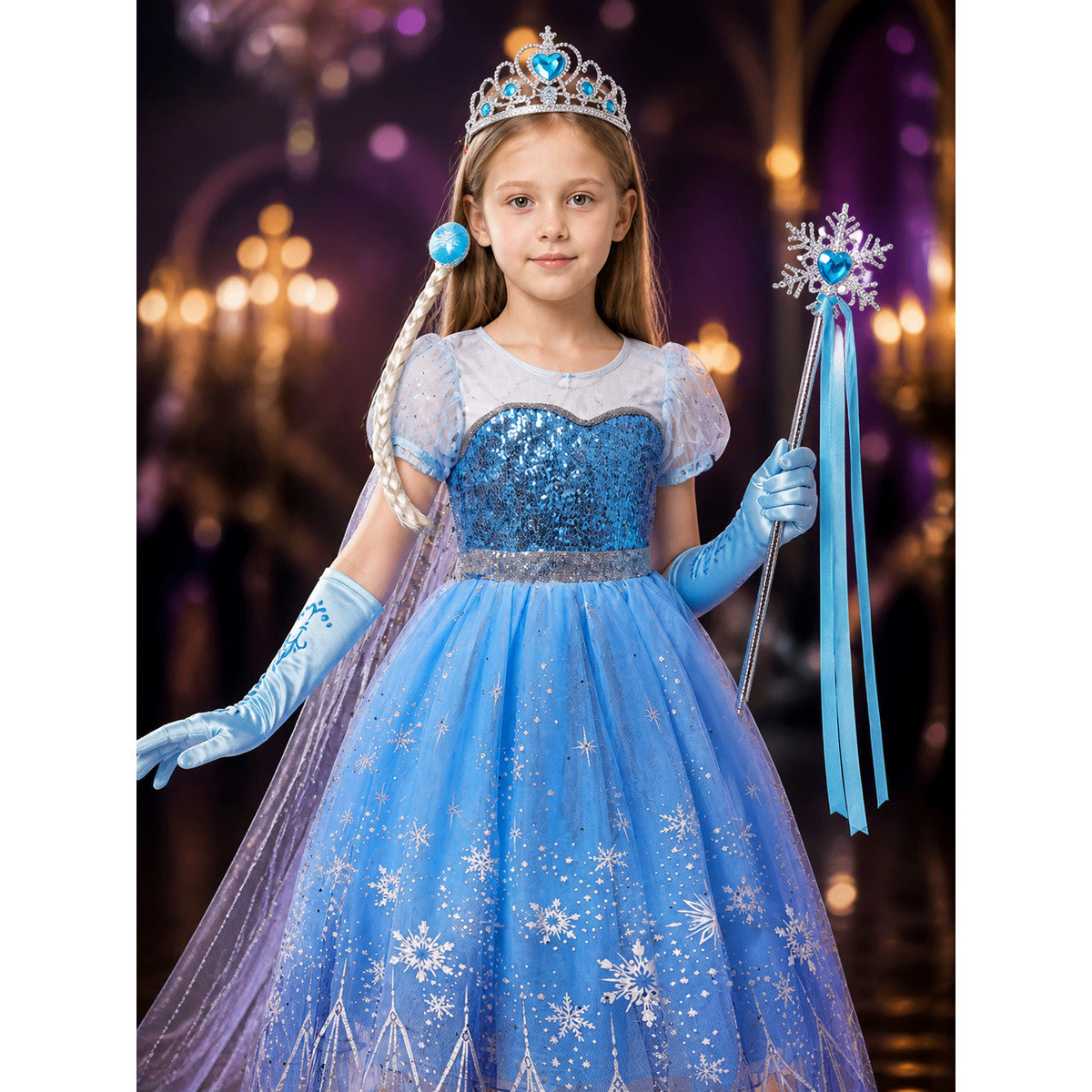 Kids Snow Queen Sequined Puffy Princess Dress Costume Set with Crown, Wand