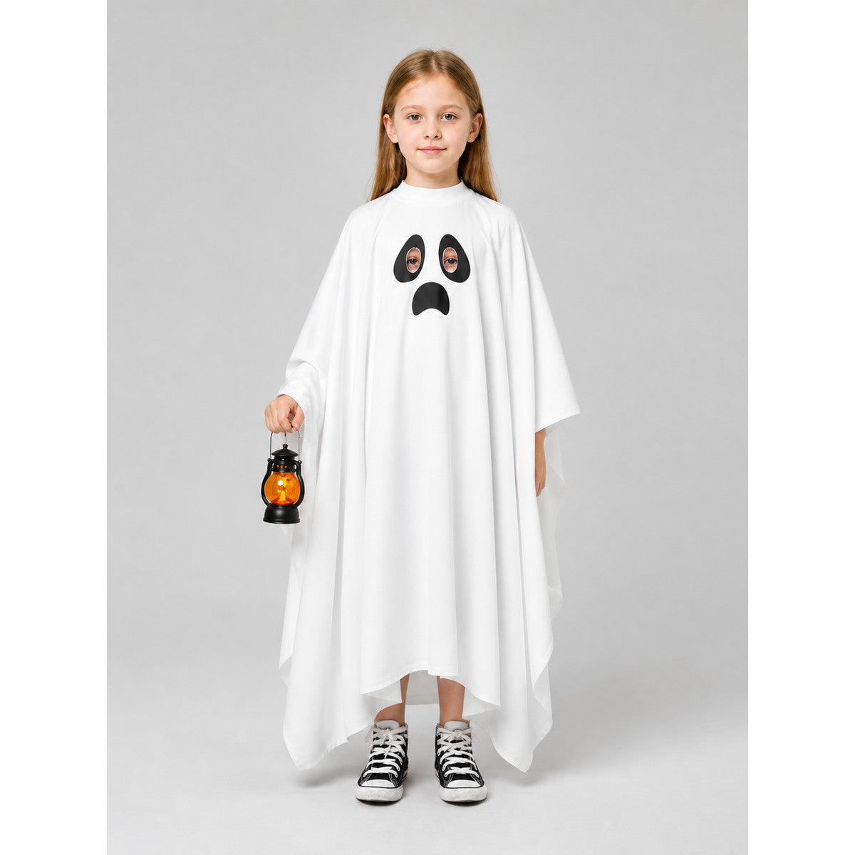 White Ghost Costume with Hood and Black Face on-model view