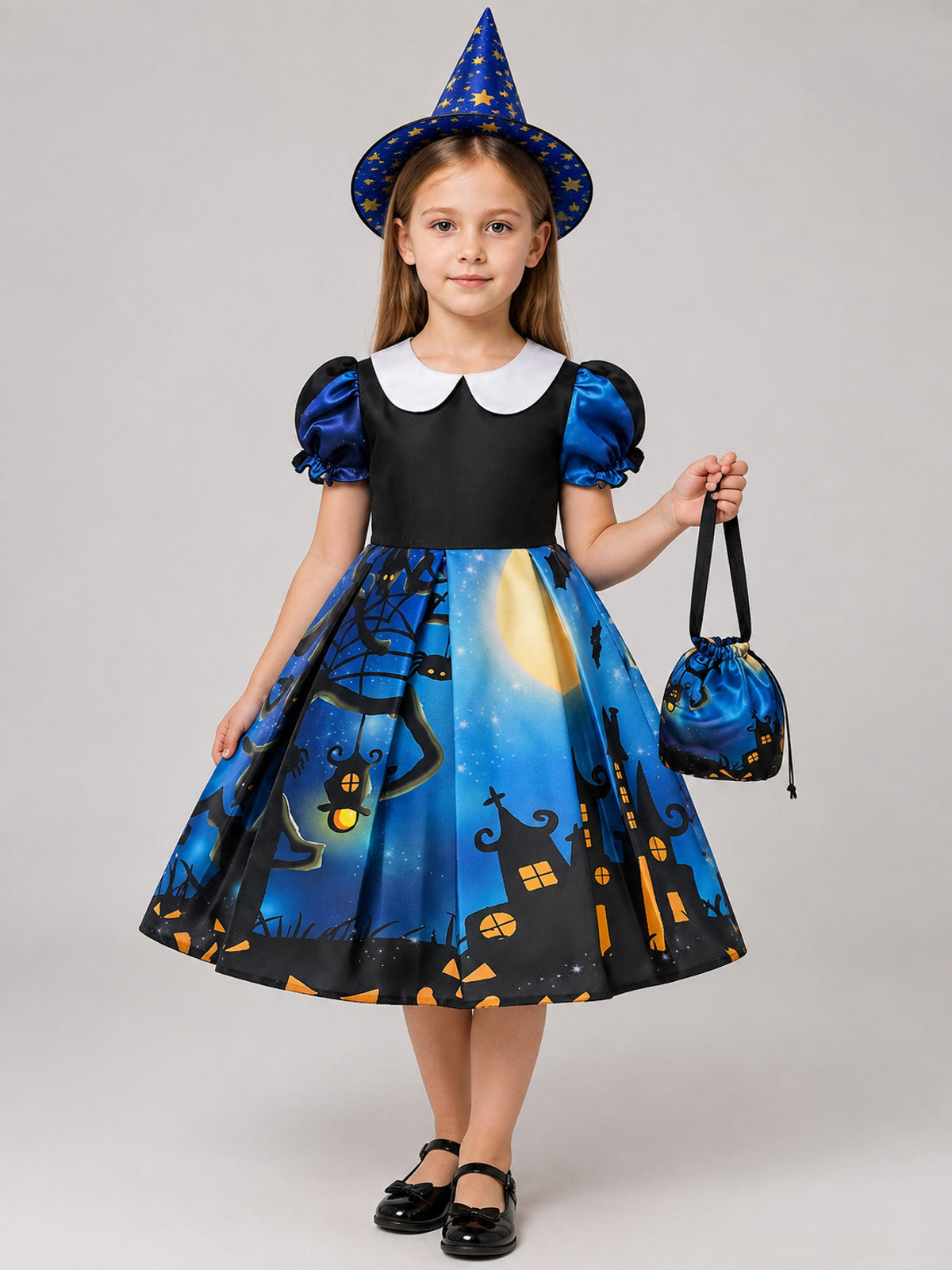 Children's Halloween costume dress with hat and handbag on-model view