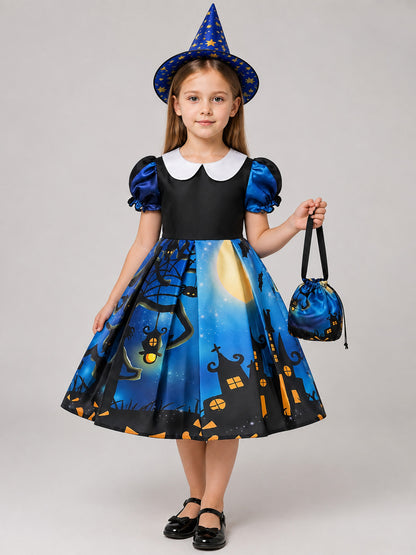 Children's Halloween costume dress with hat and handbag on-model view