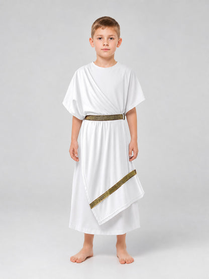 White draped costume tunic with short sleeves, a gold-patterned belt, and diagonal gold trim, shown full-body on a barefoot child