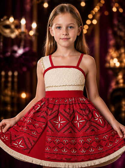 Girls' Princess Dress Costume, Red Geometric Print Lace Bodice Party Outfit With on-model view