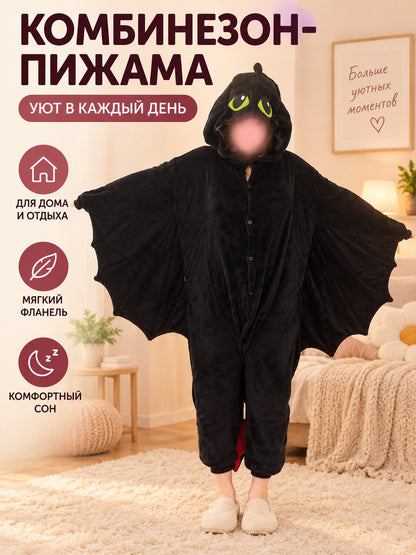 black fleece hooded pajama jumpsuit with wings