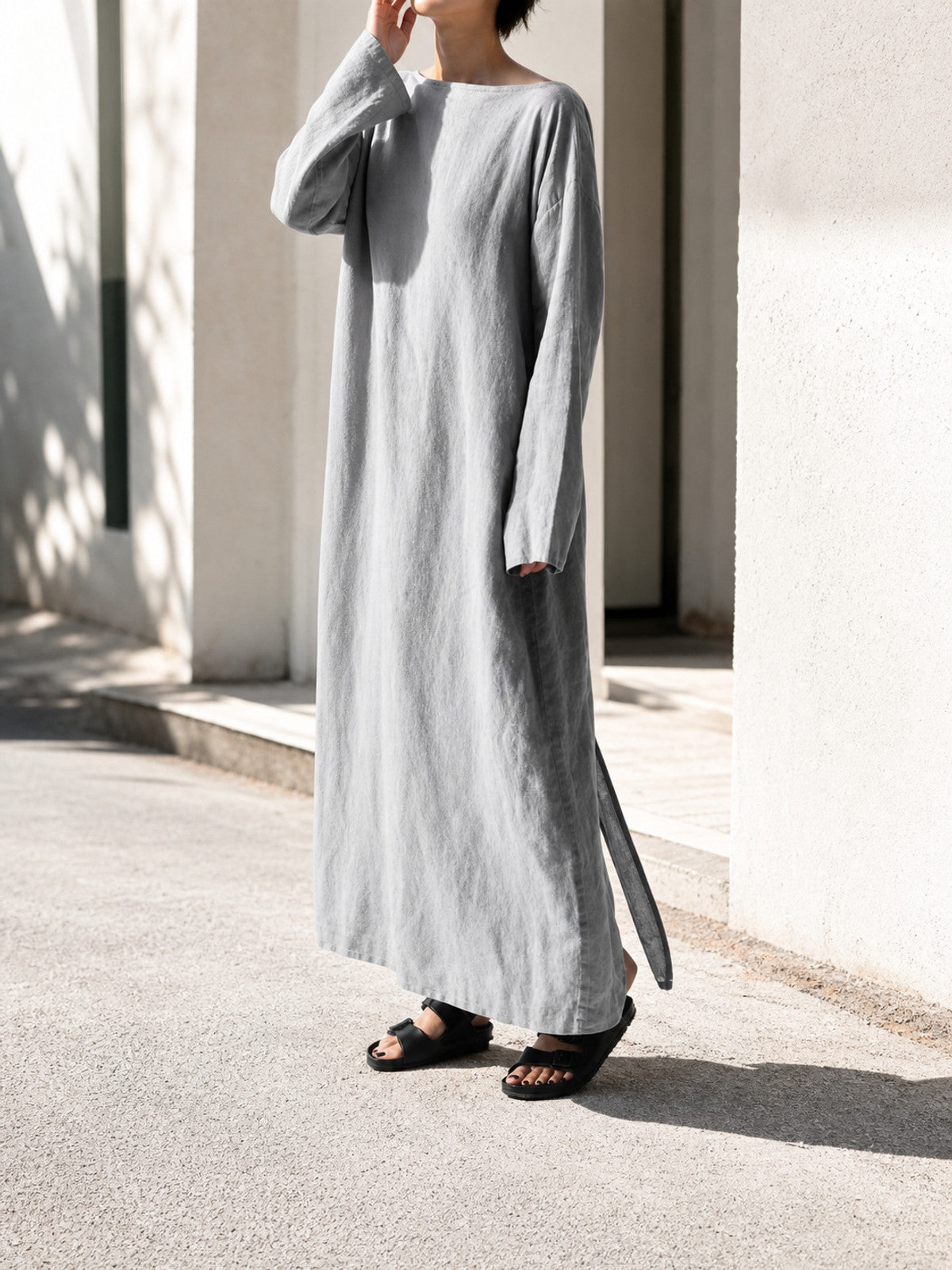 Gray Maxi Dress with Long Sleeves and a Slit main product view