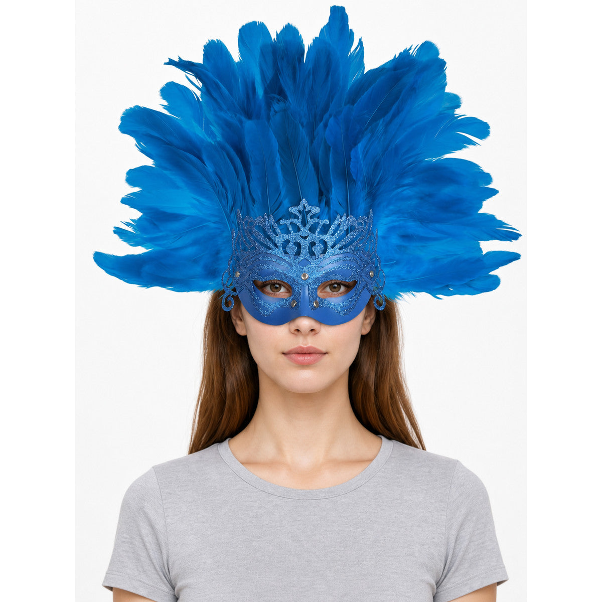 Carnival Mask with Blue Feathers and Glitter
