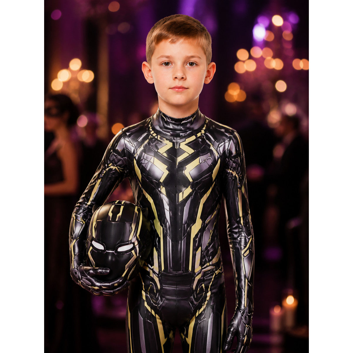 Kids' Black Iron Man Light-Up Full-Body Jumpsuit Costume on-model view