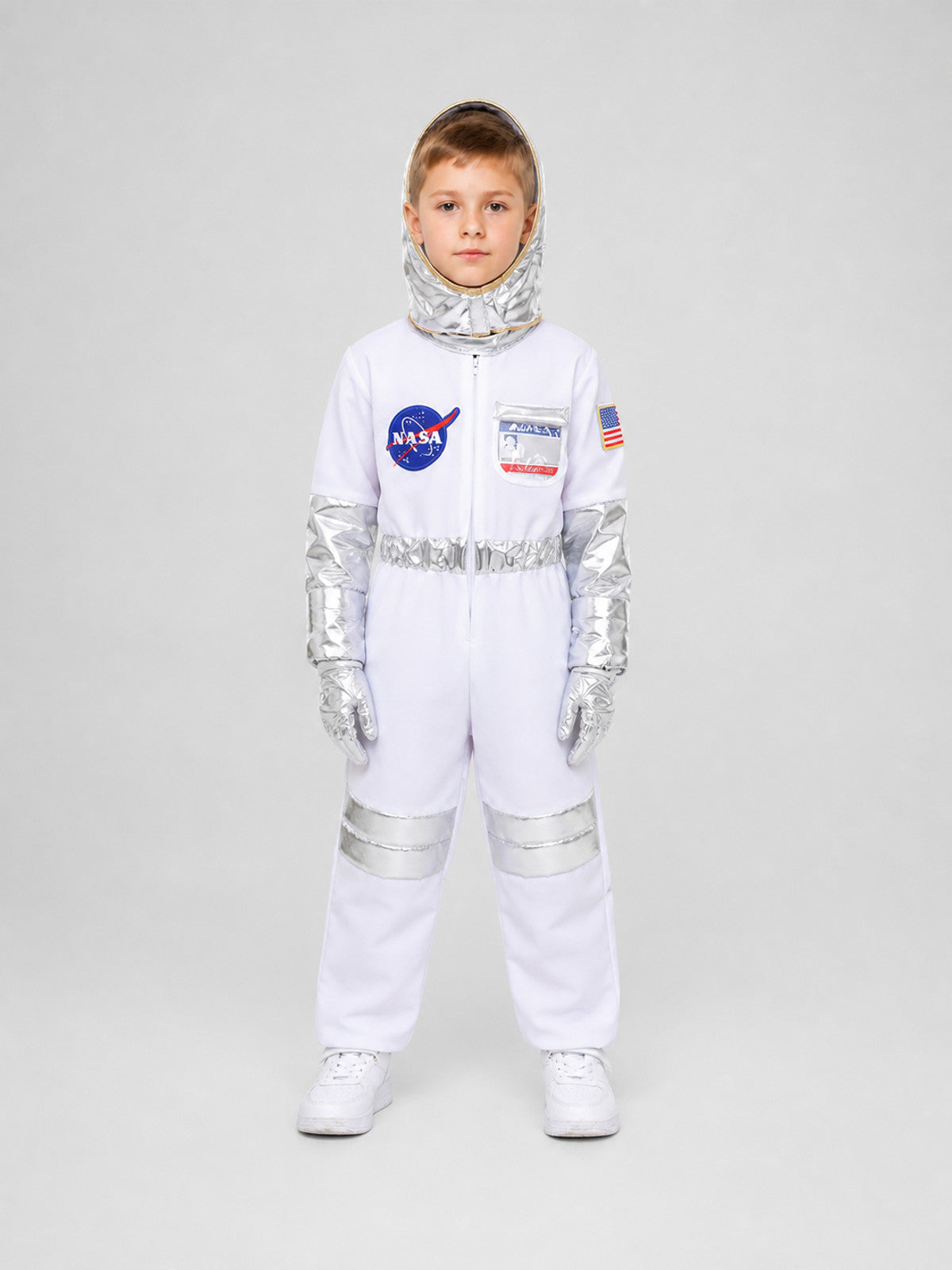 White Children's Astronaut Jumpsuit for Cosplay on-model view