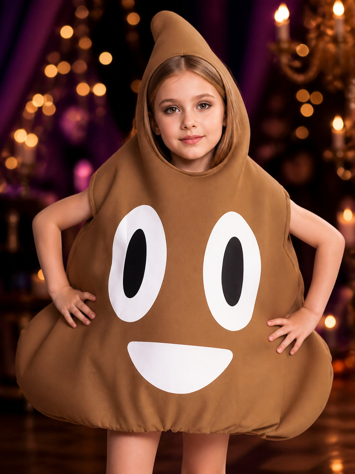 Brown Cartoon Poop Hooded Bodysuit Costume, Funny Halloween Party Outfit on-model view