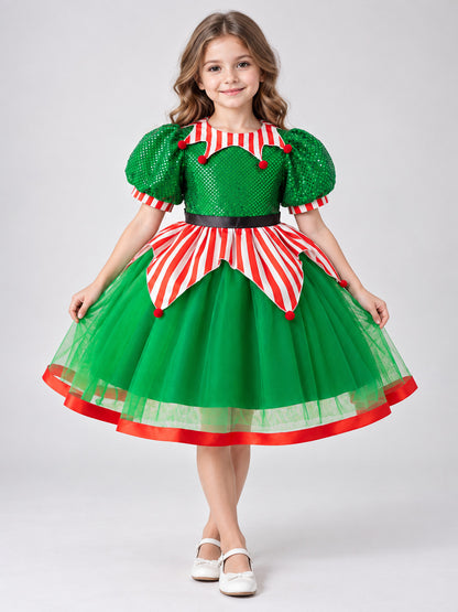 Girls' Dressy Sequin Dress with Puff Sleeves on-model view
