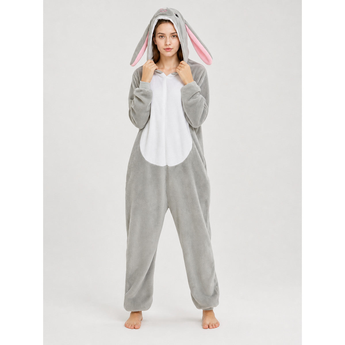 Gray bunny kigurumi with hood for sleep and costume use