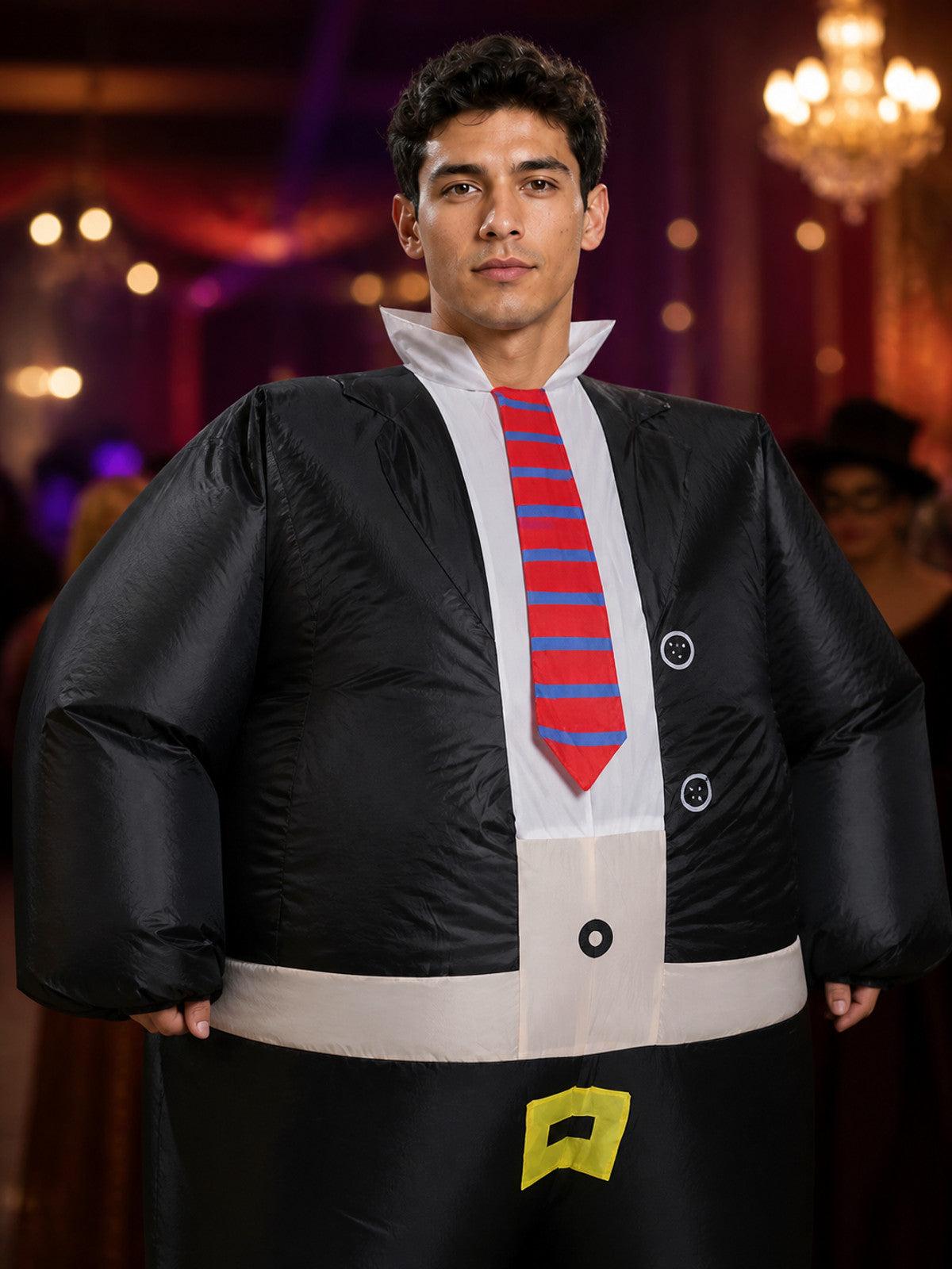 Black Suit Inflatable Costume with Tie and Belt for Halloween on-model view