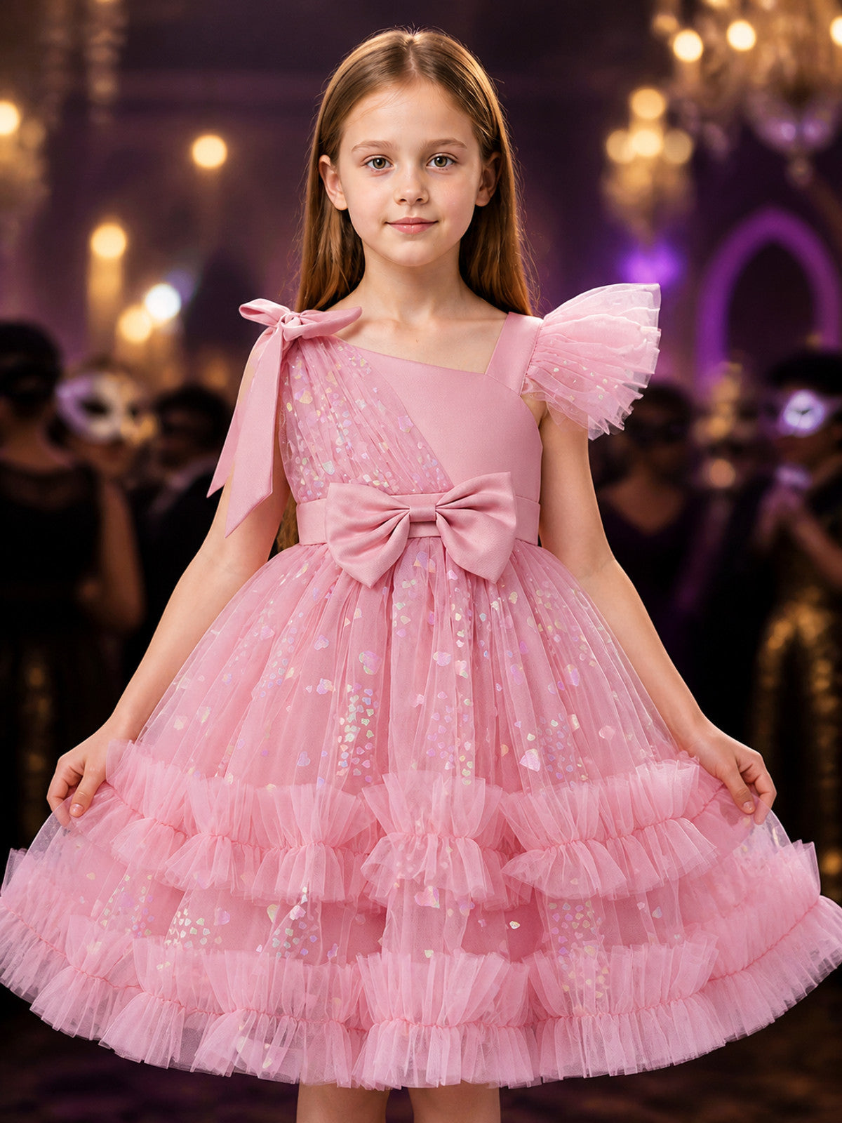 Baby Girls' Pink Sequined Princess Dress with Bows and Layered Ruffle Skirt on-model view