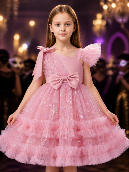 Baby Girls' Pink Sequined Princess Dress with Bows and Layered Ruffle Skirt on-model view