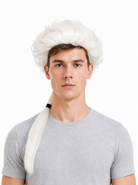 White wavy costume wig with a long side braid shown on a front-facing model