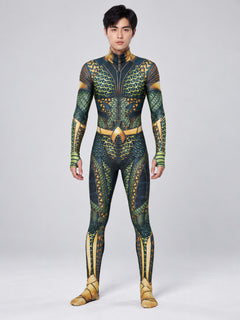 Aquaman Jumpsuit Costume with High Collar and Pattern