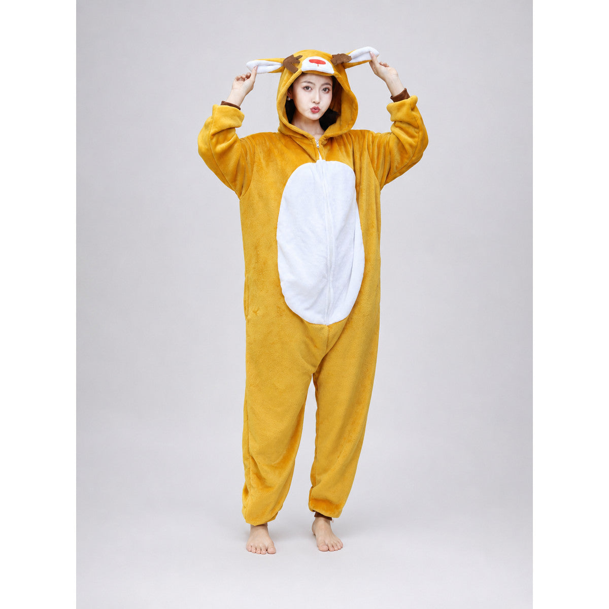 Plush Deer Costume with Hood and Ears on-model view