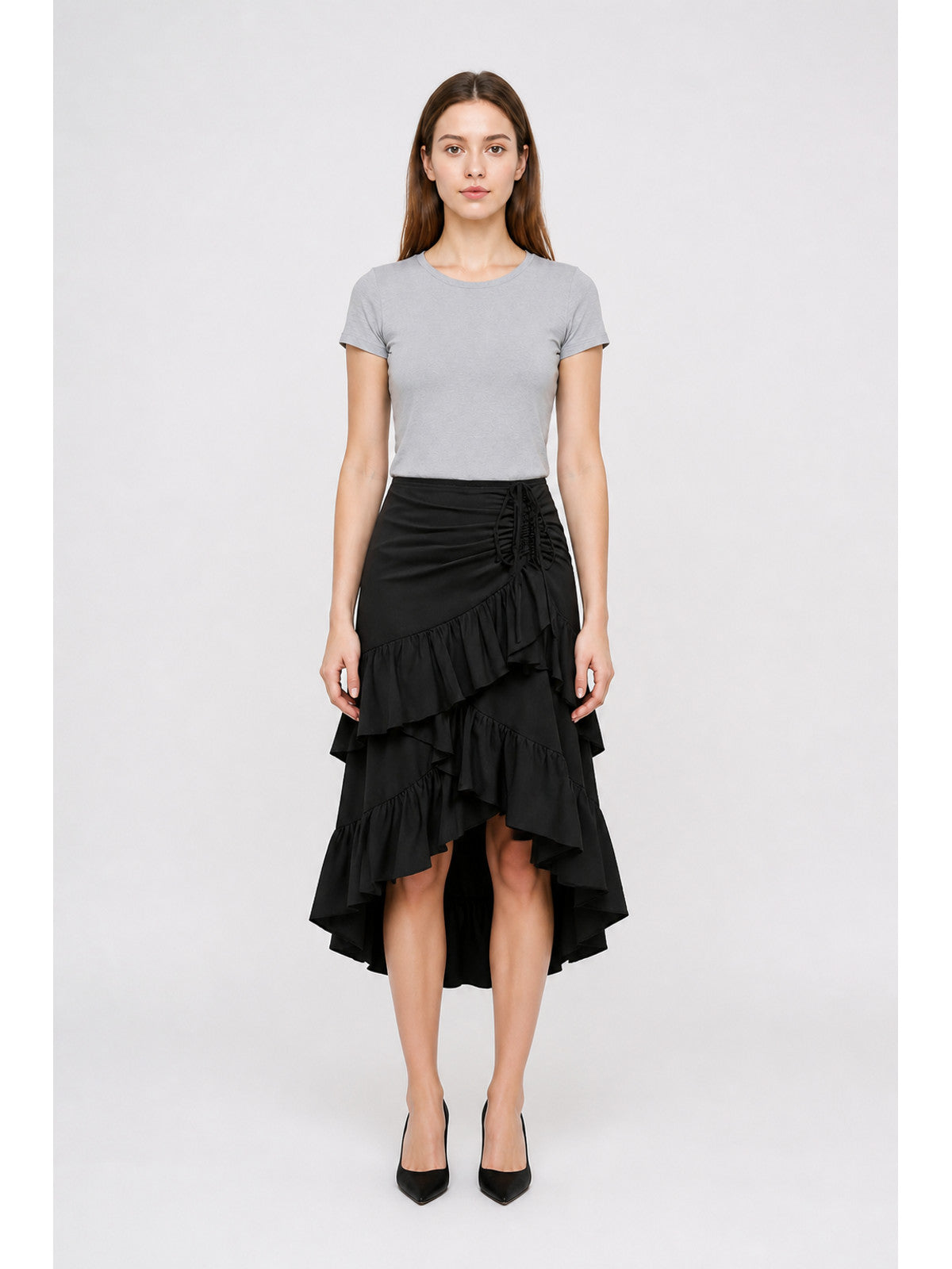 Black Asymmetrical Skirt with Tiered Ruffles main product view
