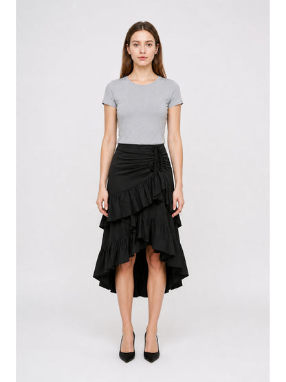 Black Asymmetrical Skirt with Tiered Ruffles main product view