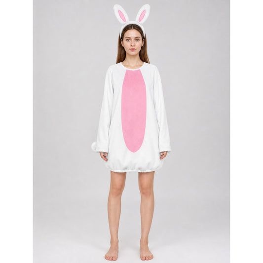 White long-sleeve costume jumpsuit with a pink oval front panel and bunny-ear headband, shown full-body on a model