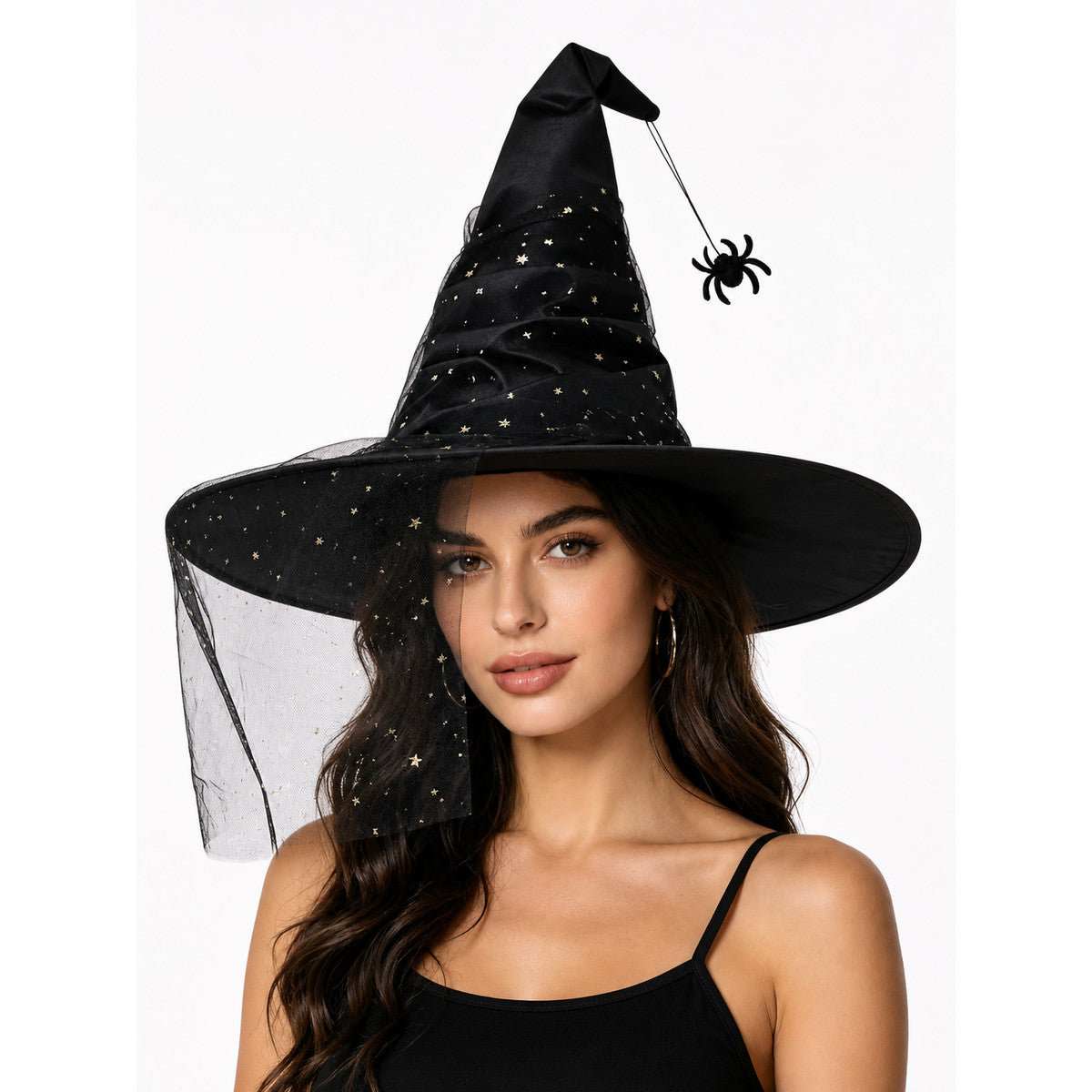Carnival Witch Hat with Veil and Stars