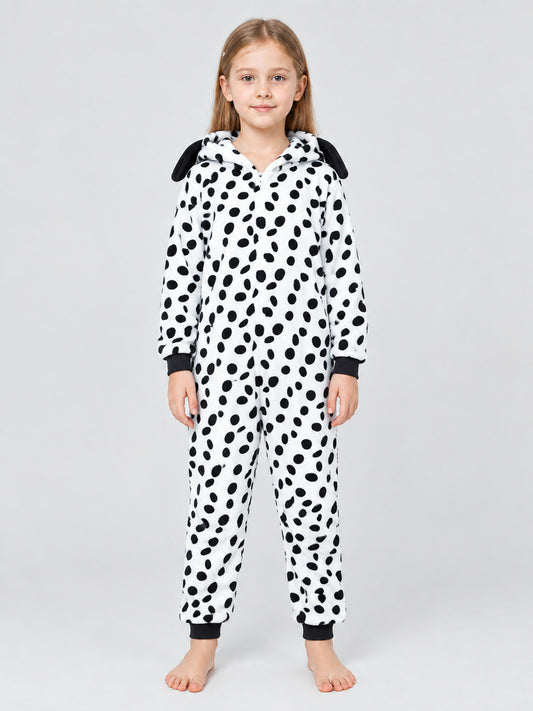 One-Piece Pajama with Black Spots and Hood with Ears