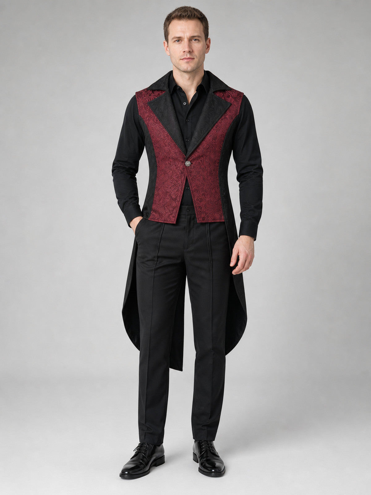 Long Black and Burgundy Steampunk Tailcoat Vest on-model view