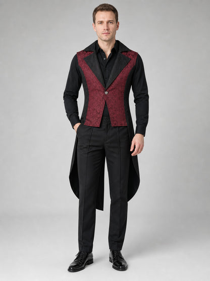 Long Black and Burgundy Steampunk Tailcoat Vest on-model view