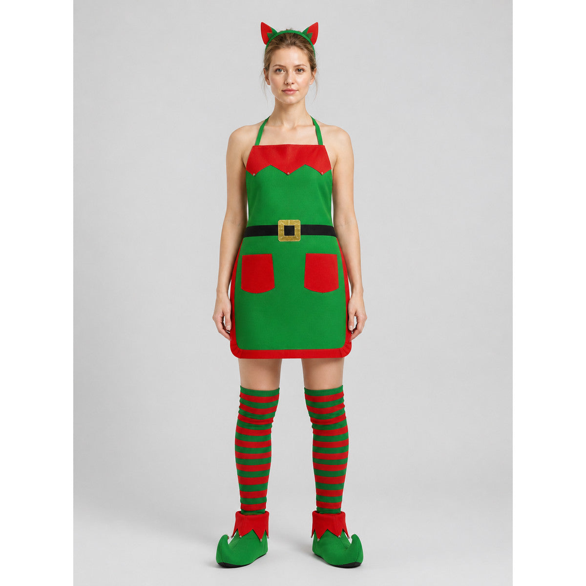 Christmas Elf Costume Apron, 4-Piece Set on-model view