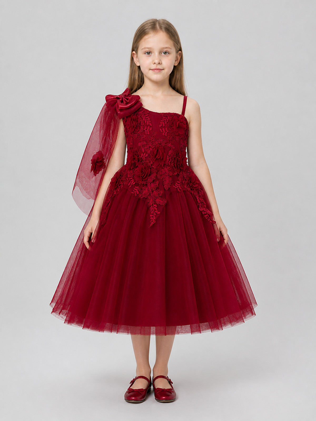 Burgundy children's tutu dress with lace and flowers on-model view