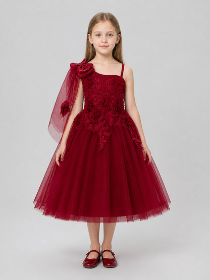 Burgundy children's tutu dress with lace and flowers on-model view